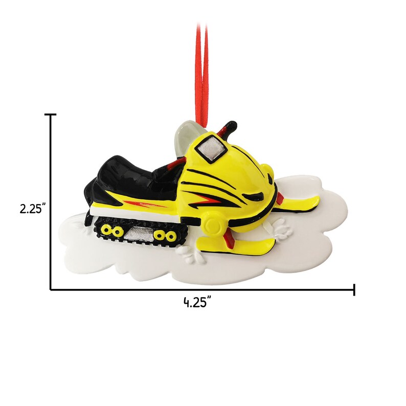 May include: Yellow and black snowmobile Christmas ornament with red accents. The snowmobile is on a white cloud-shaped base. The ornament is 4.25 inches wide and 2.25 inches tall.