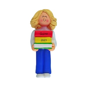 Personalized Bookworm Ornament, Book Lover Ornaments, Book Pile Blonde Female Ornament, Book Ornament, Librarian Ornament, Reading Ornament