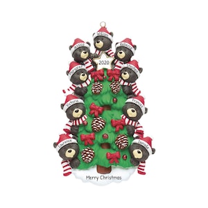 Adorno navideño familiar 2023, Familia de 9 osos negros, Adorno para árbol de Navidad, Adorno personalizado, Decoración navideña para árbol, Regalo familiar