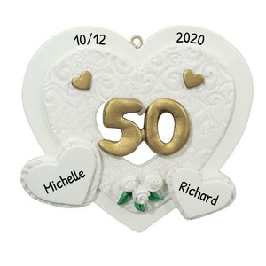 Personalized Wedding Anniversary Ornament 2024, White Heart 50th Anniversary Ornament, Gold Anniversary, Gift For Parents, 50th Wedding