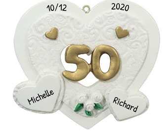 Personalisierte Hochzeitsjubiläum Ornament 2024, weißes Herz Ornament zum 50.Jubiläum, Goldhochzeit, Geschenk für Eltern, Hochzeit zum 50