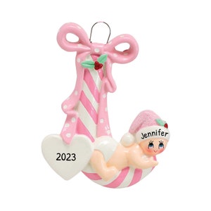 Personalized Babys First Christmas Ornament 2023 - Baby Girl Candy Cane Christmas Ornament Pink - Free Customization With Gift Box