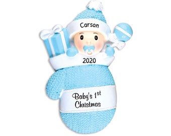 Personalized Babys First Christmas Ornament 2023 - Baby Boy in Mitten First Christmas Ornament - Free Customization