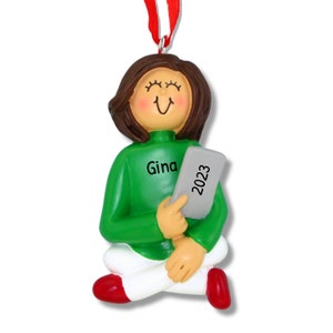 Girl With Phone Keepsake, Woman Present, Personalized Girl Ornament, Blonde Girl Ornament, Girl With Phone Gift, Initials Ornament Xmas