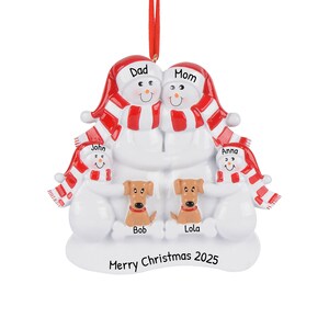 Personalized Family Christmas Ornament 2023 - Dog Ornament Snow Family of 4 Ornament with 2 Tan Dogs - Free Customization with Gift Box