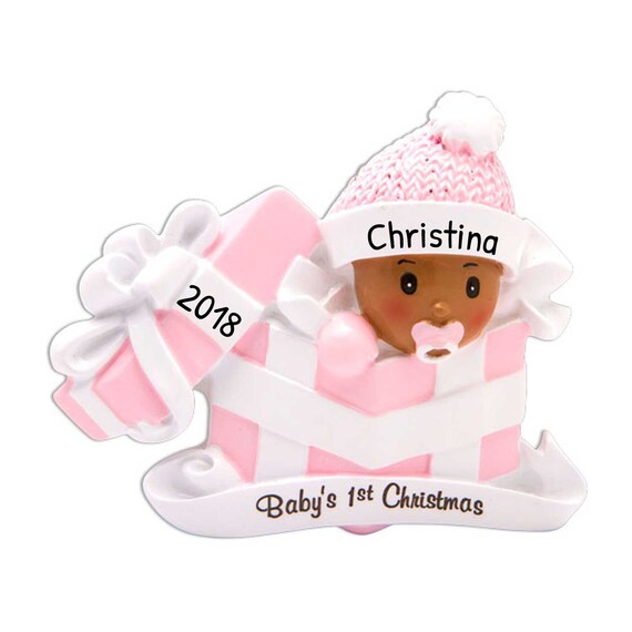 Personalized Babys First Christmas Ornament 2023 - Black Baby Girl Present First Christmas Ornament Blue - Free Customization