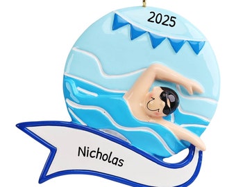 Personalized Swimmer Boy Ornament, Male Swimmer Christmas Ornament, Custom Learning Swimming Ornament, Gifts For Swimmers, Swimming Pool