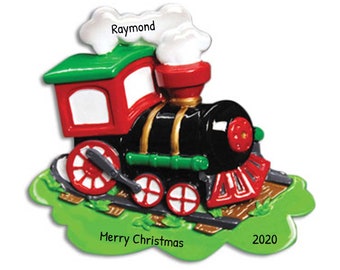 Boy Playing with Toy Train Christmas Ornament Toy Engine Caboose Car Railroad Choo Choo Train