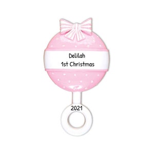 Personalized Babys First Christmas Ornament 2023 - Rattle Baby Girl First Christmas Ornament Pink - Free Customization