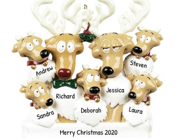 Personalisierte Familie Ornament 2023 - Rentier Ornamente Familie mit 7 Rentier Weihnachtsbaum Ornament 2023 - Kostenlose Anpassung