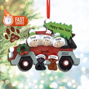 Family Christmas Ornament - Car Family of 3 Kid Child - Personalized Christmas Ornament with Pet Dog Cat - Custom Travel 2023 in Gift Box