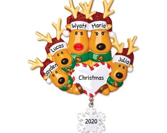 Ornement familial personnalisé 2023 - Ornement d’arbre de Noël de la famille des rennes Famille de 5 ornements de cerfs - Personnalisation gratuite