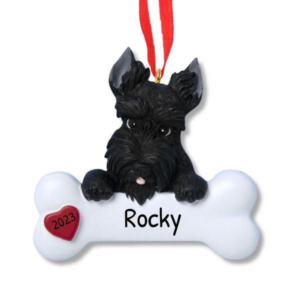 Nameable Scottish Terrier Ornament For Dog Lovers And Owners - Personalized Dog On A Bone Ornament Gift