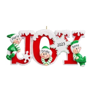 Family Christmas Ornament, Personalized Christmas Ornament, Joy Ornament, Family of 3 Ornament, Elf Family Ornaments, Free Customization