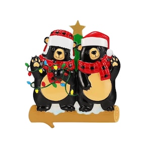 Festive Black Bears Christmas Ornament For Couples - Hand Painted Holiday Decoration with Santa Hats and Lights