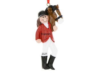 Personalized Horseback Riding Ornament - Equestrian Christmas Ornaments, Horse Ornament - Brunette Rider - Free Customization