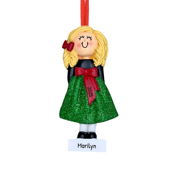 Personalized Girls Holiday Dress Ornament - Girl Ornament, Daughter Ornament, Godchild - Blonde Girl - Free Customization with Gift Box