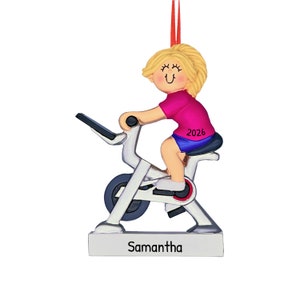 Personalized Exercise Bike Ornament 2024, Workout Ornament, Gym Fitness Bicycle Ornament, Blonde Female Activewear Ornament, Training Gift