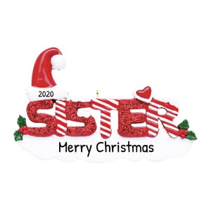 Adorno navideño personalizado para niños 2023 - Adorno de letra hermana Adorno de hermana con palabra con purpurina nevada - Personalización gratuita