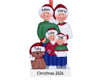 Personalized Family Ornament 2023 - Smiling Family Dog Ornament 2023 Family of 4 Ornament with Dog - Free Customization with Gift Box