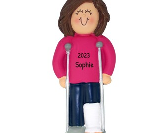 Broken Leg Ornament for Brunette Girl with Crutches - Funny Cake Topper for Her Broken Foot Keepsake For Woman, Ankle/Knee Surgery Ornament