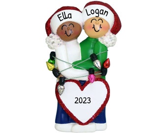 Personalized First Christmas Ornament Couple 2023 - African American Tangled in Real Lights Couple Ornament - Free Customization