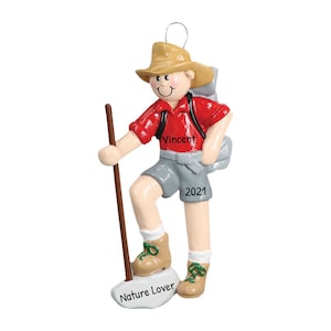 Personalized Hiking Ornament - Outdoorsy Ornament, Hiker Ornament, Backpacking - Hiker Boy Yellow Hat - Free Customization