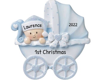 Personalized Babys First Christmas Ornament 2023 - Baby Boy Carriage Christmas Ornament Blue - Free Customization