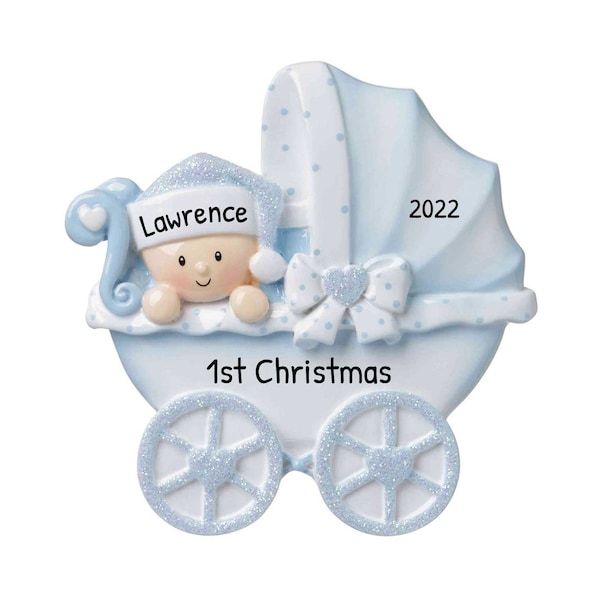 Adorno navideño personalizado para bebés 2023 - Adorno navideño con carruaje para bebés azul - Personalización gratuita