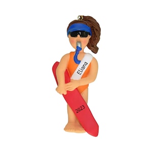 Personalisierter Rettungsschwimmer-Ornament – personalisierter Strandschmuck für den Weihnachtsbaum – brünette Frau – kostenlose Individualisierung