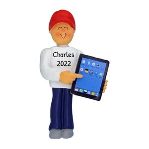 Personalized Boy with Tablet Ornament - iPad Gamer Ornament, Computer Tablet Christmas Ornament - Free Customization With Gift Box