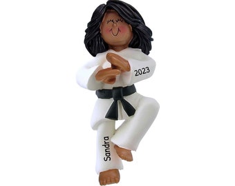Personalized Martial Arts Ornament - Karate Ornament, Taekwondo, Jiu Jitsu Ornament - Black Female - Free Customization with Gift Box