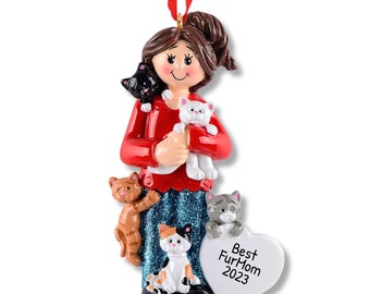 Adorno personalizado de mamá gato, baratija de mamá de 4 gatos, adorno de gatos, regalo de amante de los gatos, adorno de persona gato, regalo de mamá gato, adorno de familia de gatos