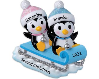 Personalized Babys First Christmas Ornament 2023 - Babys First Christmas Penguin Twin Ornament Sledging  - Free Customization