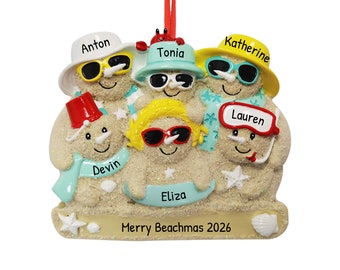 Snowmen Family Ornament, Sandmen Family Ornament, Christmas Ornament, Personalized Family Ornament, Christmas Beach Ornament, Family Of 6