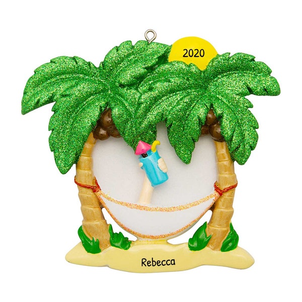 Personalized Palm Tree Ornament - Beach Ornament, Hawaii Vacation Ornament, Summer Ornament - Hammock - Free Customization with Gift Box