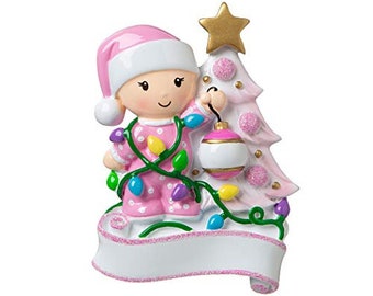 Personalized Baby Decorating a Tree Light Pink Christmas Ornament 2019 - Girl Santa Hat Garnish Glitter Bauble Tangle God