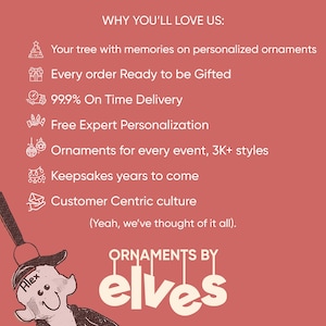 May include: A red background with white text that reads "WHY YOU'LL LOVE US:" followed by a list of reasons why you should buy personalized ornaments. The list includes: "Your tree with memories on personalized ornaments", "Every order Ready to be Gifted", "99.9% On Time Delivery", "Free Expert Personalization", "Ornaments for every event, 3K+ styles", "Keepsakes years to come", "Customer Centric culture", and "(Yeah, we've thought of it all)." Below the list is a cartoon elf with a name tag that reads "Alex" and the text "ORNAMENTS BY elves".