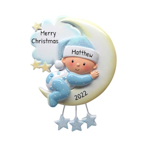 Babys erste Weihnachtsverzierung 2023 - Hug Mr. Moon Baby Boy erste Weihnachtsverzierung Blau - freie Anpassung