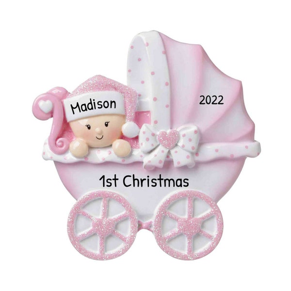 Adorno navideño personalizado para bebés 2023 - Adorno navideño con carruaje de niña rosa - Personalización gratuita