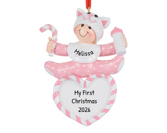 Personalized Babys First Christmas Ornament 2023 - Baby Girl Christmas Cat Hat First Christmas Ornament - Free Customization with Gift Box