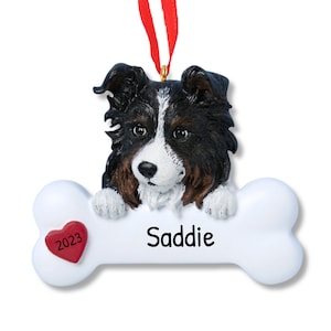 May include: A white bone-shaped Christmas ornament with a black and white border collie dog peeking over the top. The bone has a red heart with the year 2023 on it and the name "Saddie" written on it.