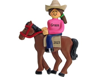 Personalized Horseback Riding Ornament - Equestrian Christmas Ornaments, Horse Ornament - Brunette Female - Free Customization