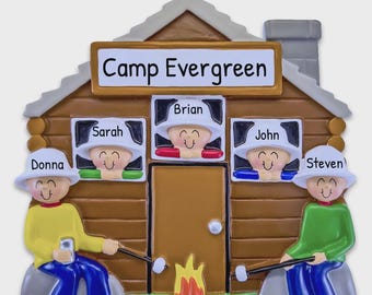 Family Of 5 Ornament, Family Camping Ornament, Camping Gift, Family Lodge Decor, Family Of Five Campfire Ornament, Camping Trip Ornament
