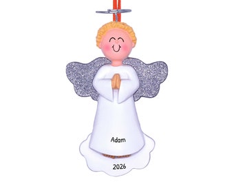 Personalized Angel Ornament - Guardian Angel Gift, Angel Watching Over You - Blonde Male Praying - Free Customization with Gift Box