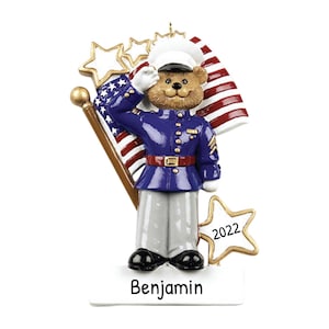 Personalisierte USMC Ornament, Marinekorps Ornament, Bären Ornament, Saluting USA Ornament, USA Patriotisches Geschenk, Weihnachtsbaum Dekor, Weihnachtsgeschenk