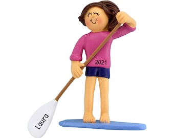 Personalized Paddle Board Ornament - Beach Ornaments, Surfboard Ornaments, Paddleboard Ornament - Brunette Girl - Free Customization