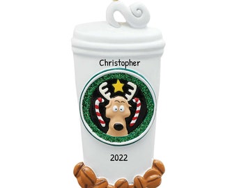 Adornos de café personalizados para árbol de Navidad - Adornos navideños de café, adorno de Starbucks - Taza de alce navideño - Personalización gratuita