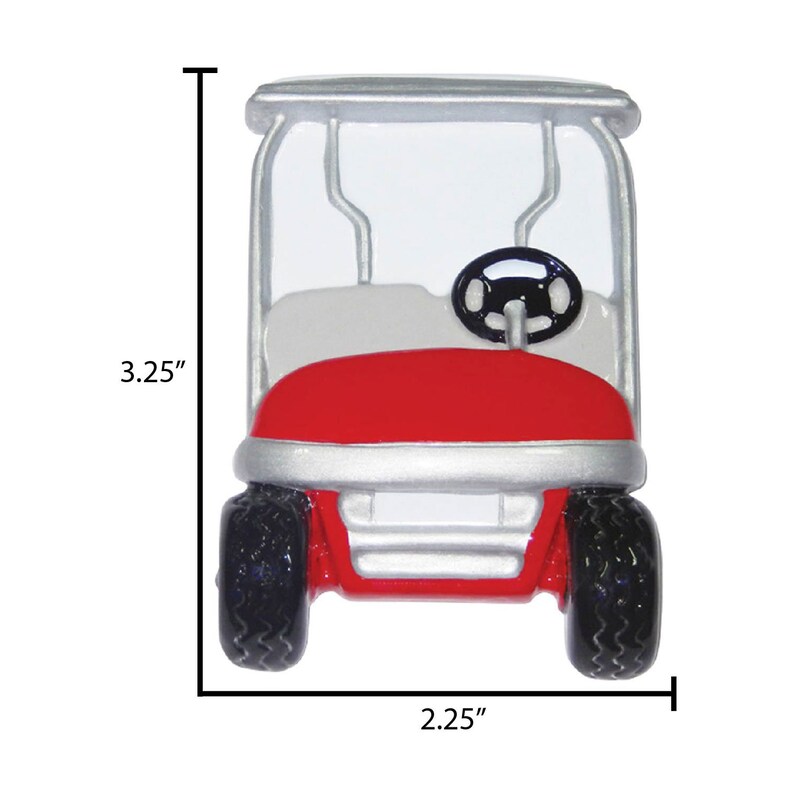Op de afbeelding: Een miniatuur golfkar, ongeveer 8,2 cm hoog en 5,7 cm breed, met een rode carrosserie, zilveren afwerking en zwarte banden. De kar heeft een wit dak en een zwart stuur. Het ontwerp is een cartoonachtige weergave van een golfkar.
