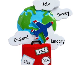 Decorazione natalizia da viaggio personalizzata, set di decorazioni da viaggiatore del mondo, decorazione da passaporto per coppia, decorazione da valigia, decorazione da vacanza, Europa